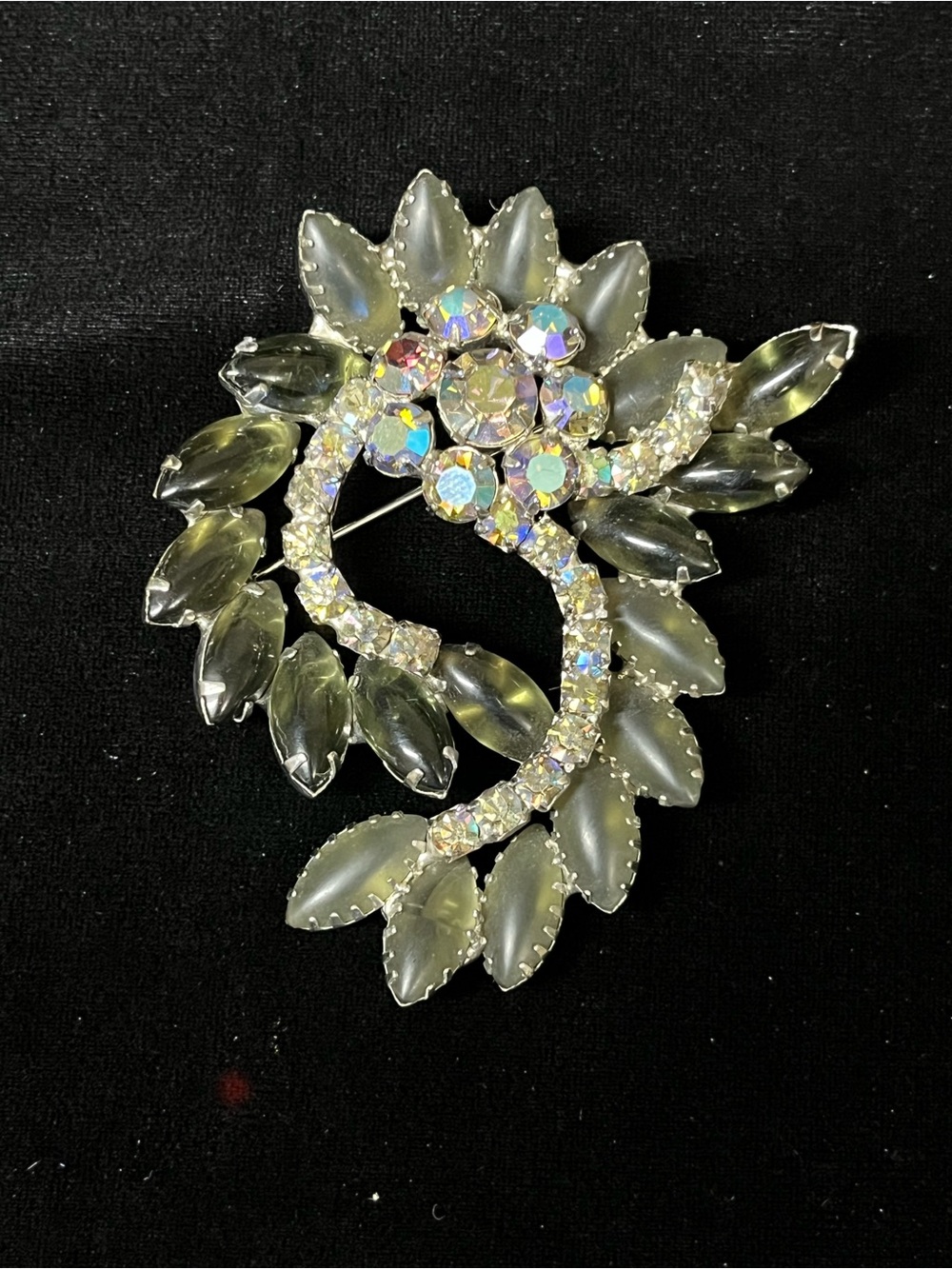 Vintage Juliana Brooch Black Diamond Smoky Gray Open Back Navette D&E 1765